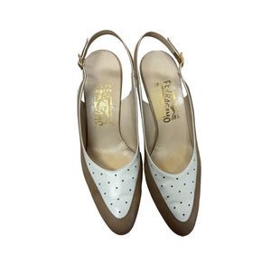 80s Salvatore Ferragamo Cream & White Slingbacks - Size 10